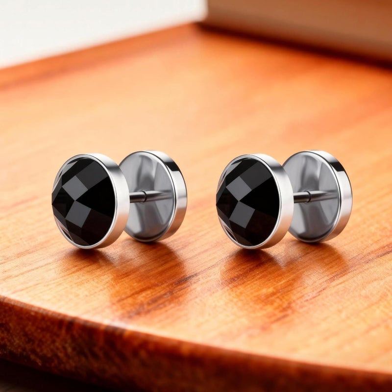 Silver deer Store 2025 Upgraded Hypoallergenic earrings for men,Mens surgical steel black stud earring jewelry,Great Wall wall grain round cake shape,Single black gel 0.4 inches wide - Image 3